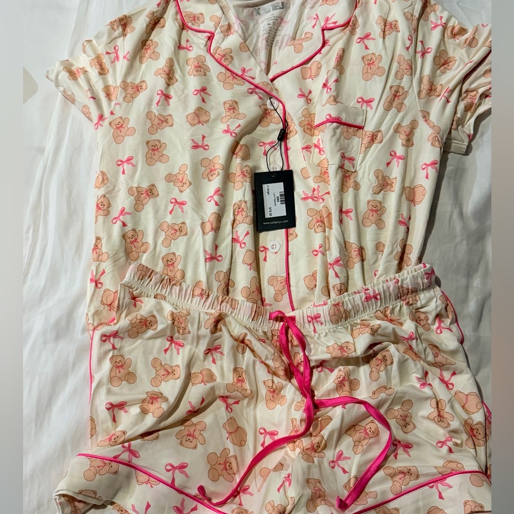 Katie J NYC Teddy Bear Pajama Set - Cream and Pink